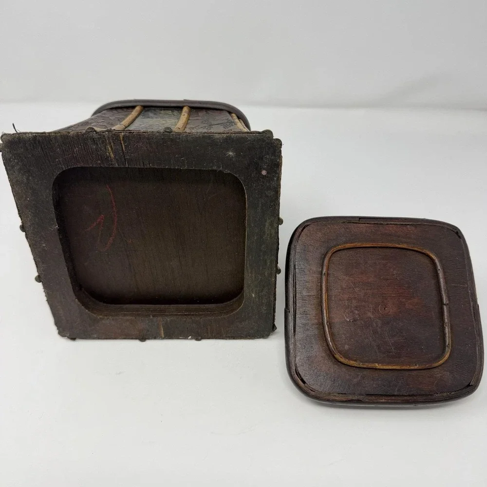 VTG Wooden Bamboo Storage Trinket Box Wicker Woven Embossed Floral Panels w/ Lid